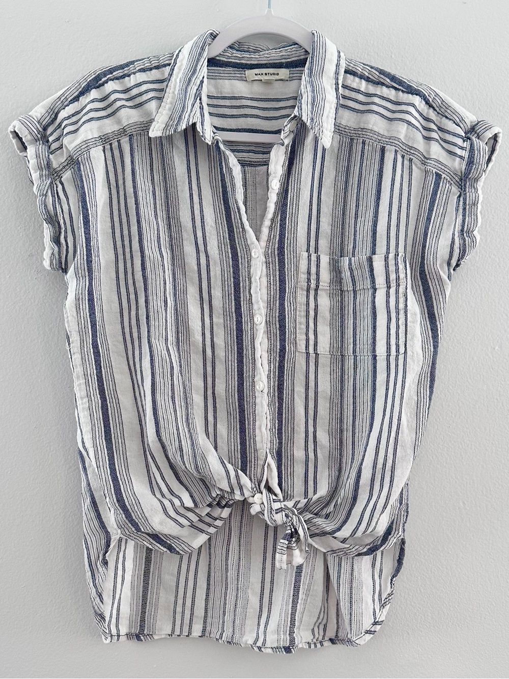 Coastal Grandma Linen Look Striped Button Up, Relaxed Beachy Top, Medium